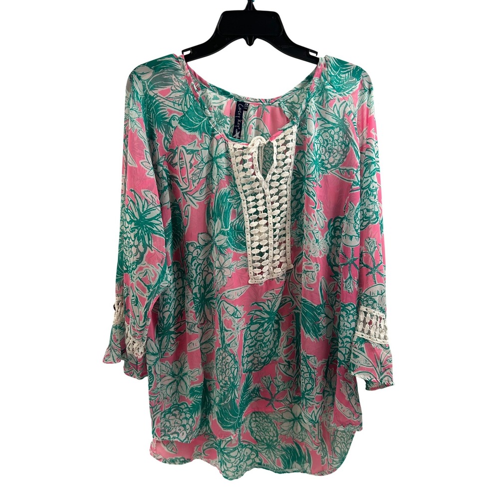Casey Key Tropical Pineapple Tunic 2X Pink Green Crochet Lace Trim Womens